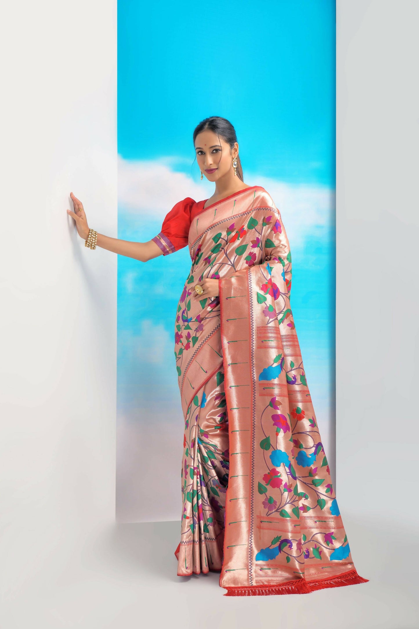 Vishnu Weaves Women's Red Paithani Silk Minakari Zari Woven Saree with Unstitched Blouse - Swadesiicart