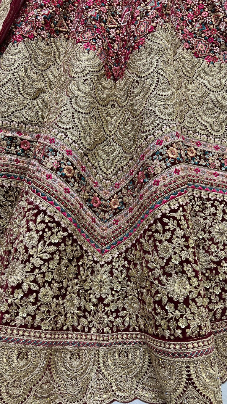 Jyoti Fashion Women's Maroon Velvet Fancy Dori & Sequins Multi Thread Embroidered with Diamond Work Wedding Lehenga Choli | Swadesiicart