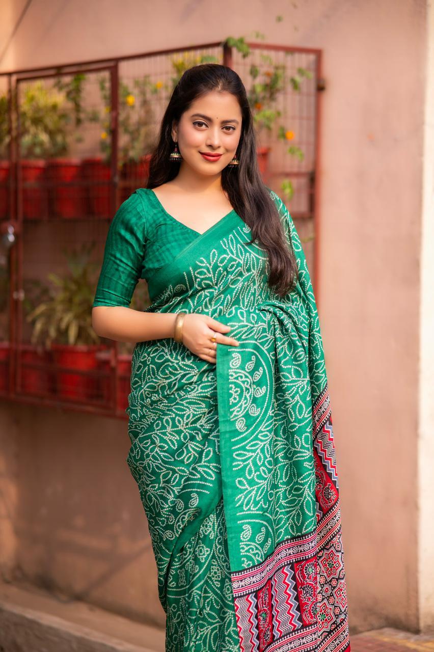 Green Silk Blend Ajrak Saree with Unstitched Blouse - Hiral Fashion | Swadesiicart