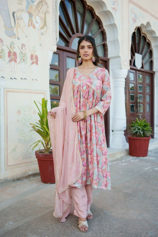Vaasva Women Peach Muslin Embroidered Kurta, Pant & Dupatta Set | Swadesiicart