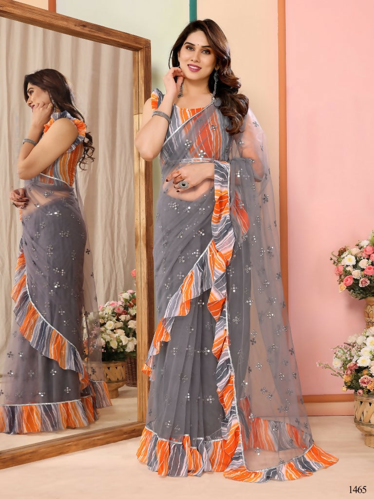 Partywear Designer Grey Net Fancy Saree - Dyuti | Swadesiicart