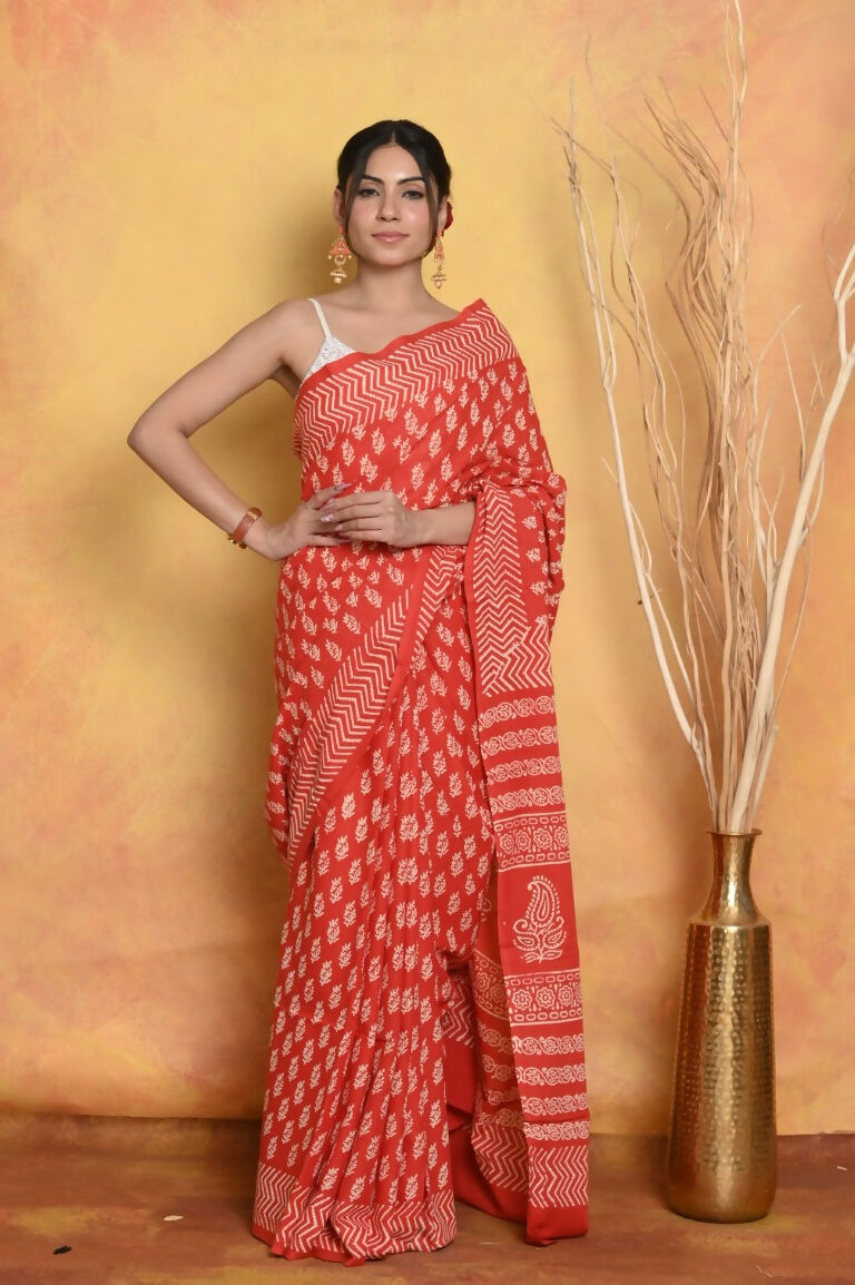 Very Much Indian Handblock Printed Cotton Saree With Natural Dyes - Orange | Swadesiicart