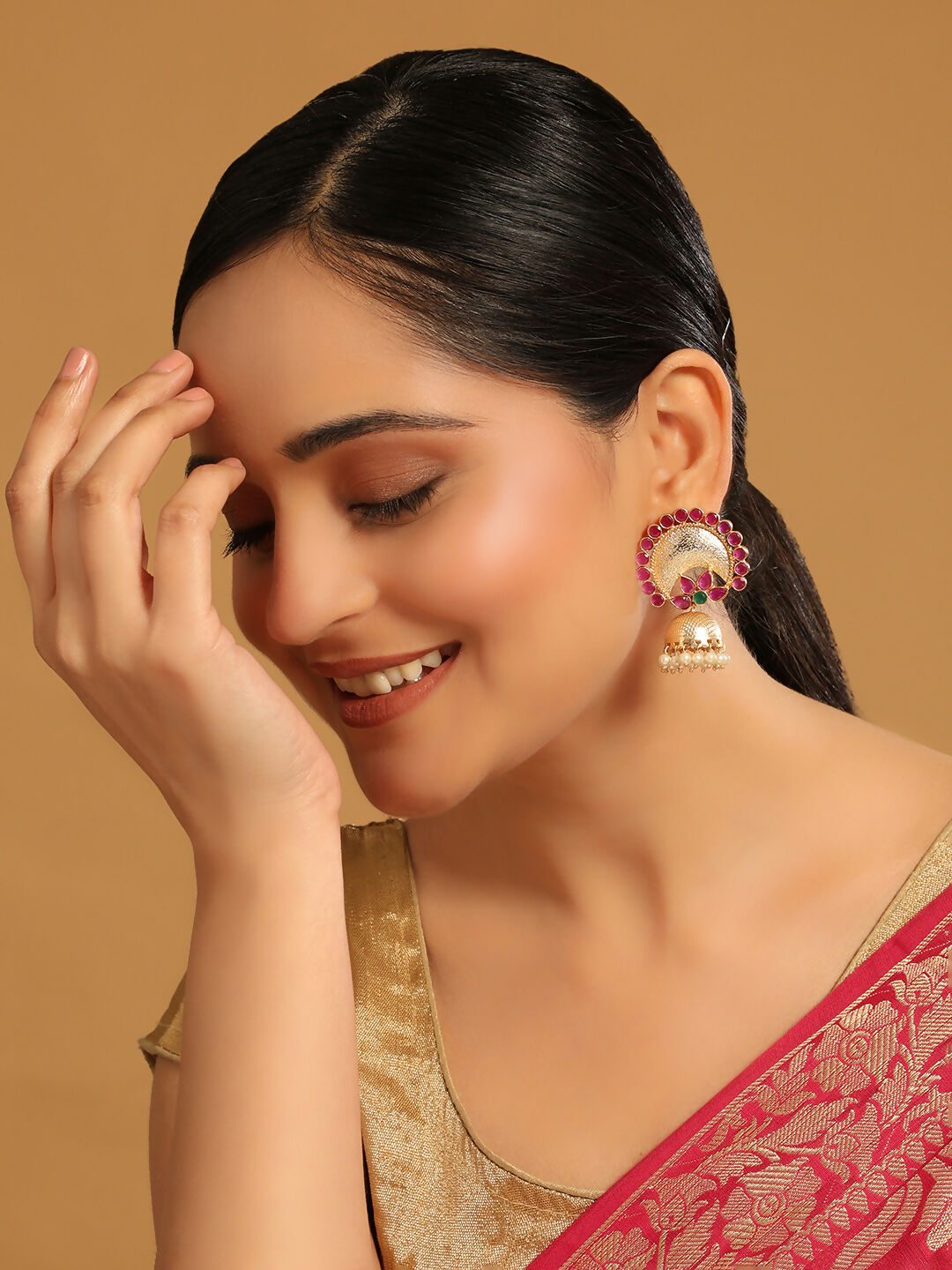Nuyug 22K Gold Plated Ruby & Pearl Studded Dome Shaped Jhumkas | Swadesiicart