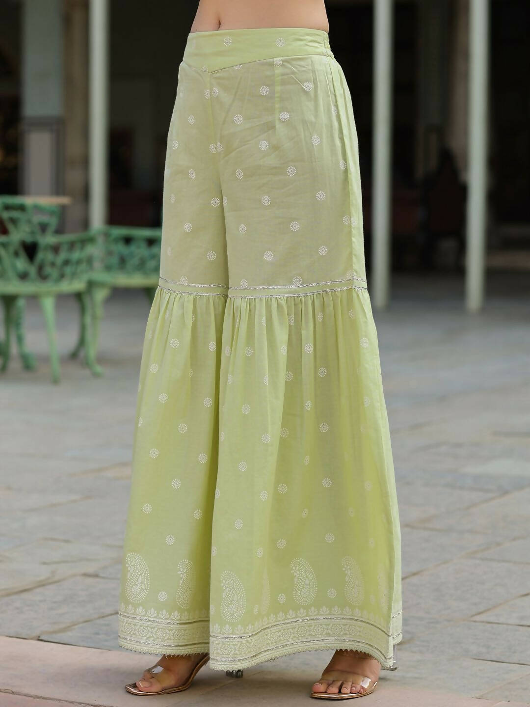 Juniper Women's Lime Green Cambric Floral Print Kurta Sharara Sets | Swadesiicart