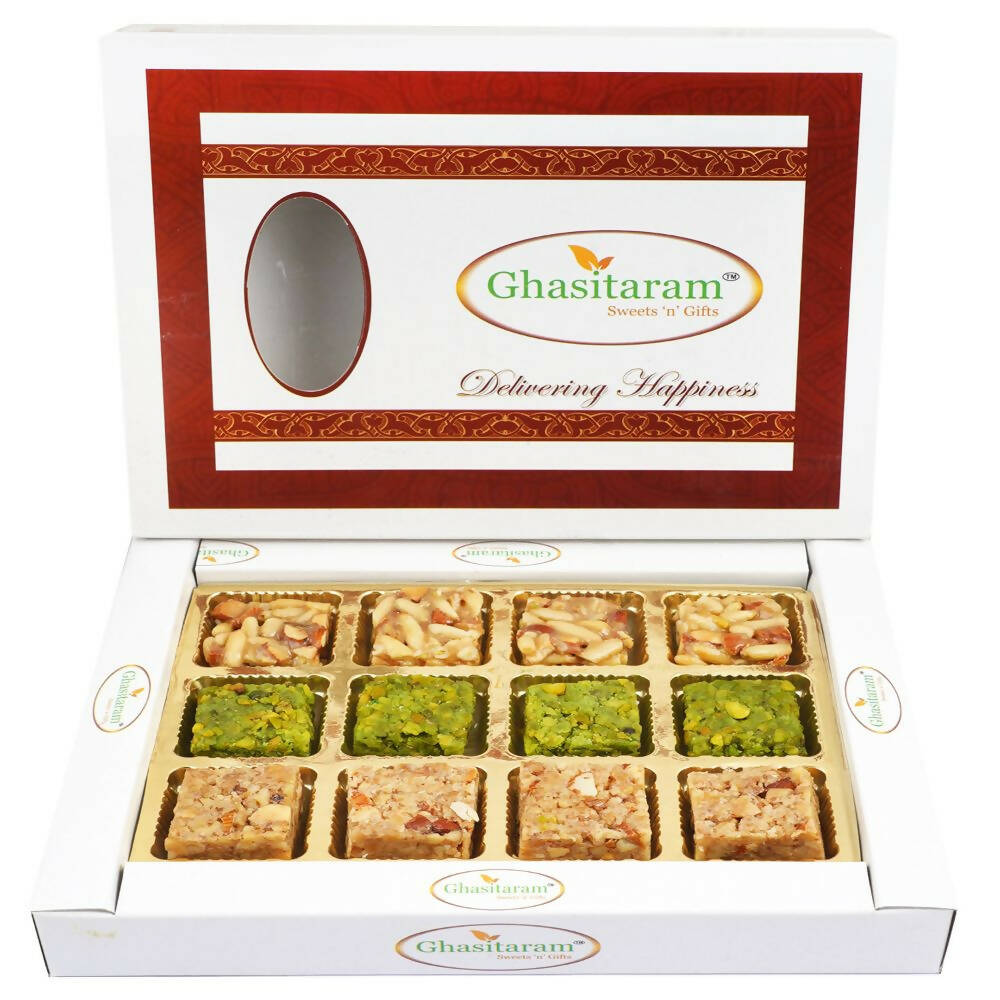 Ghasitaram Assortment of Premium Barfis Pista, Walnut & Pine Nuts | Swadesiicart