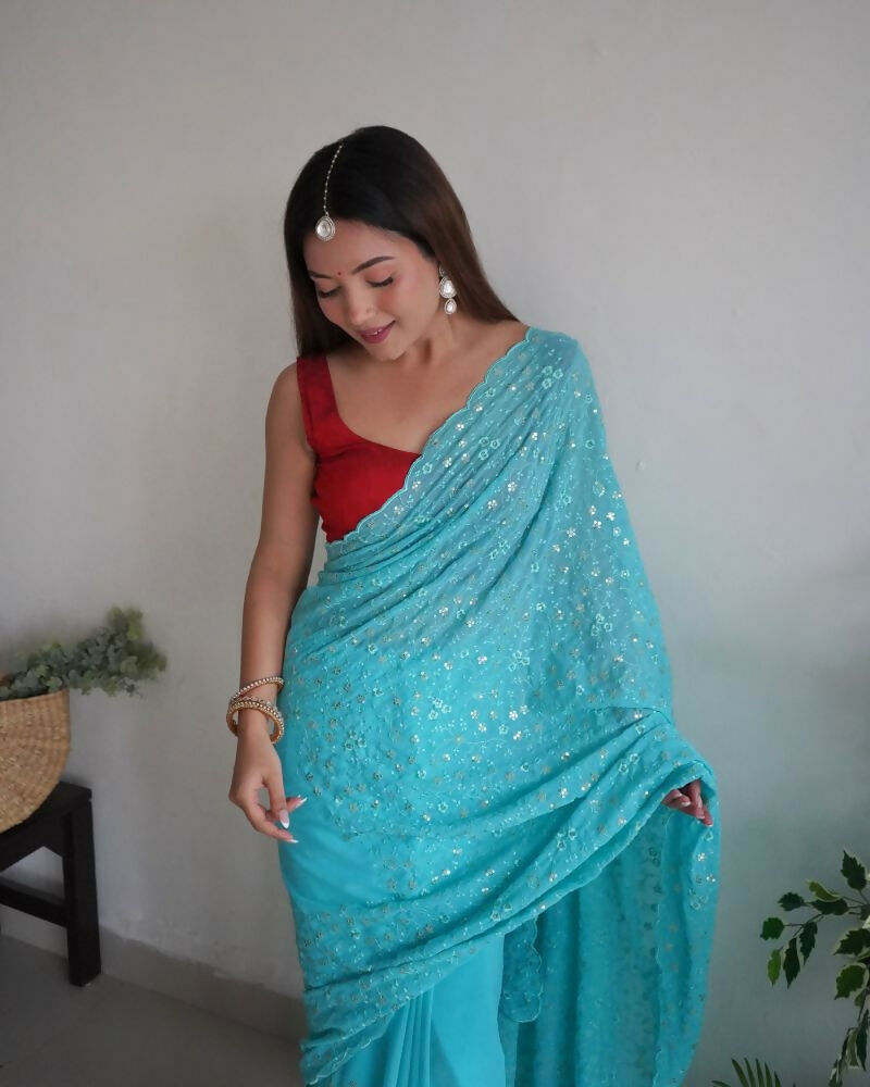 Vamsee Trendy Sequence Sky Blue Georgette Saree - Swadesiicart