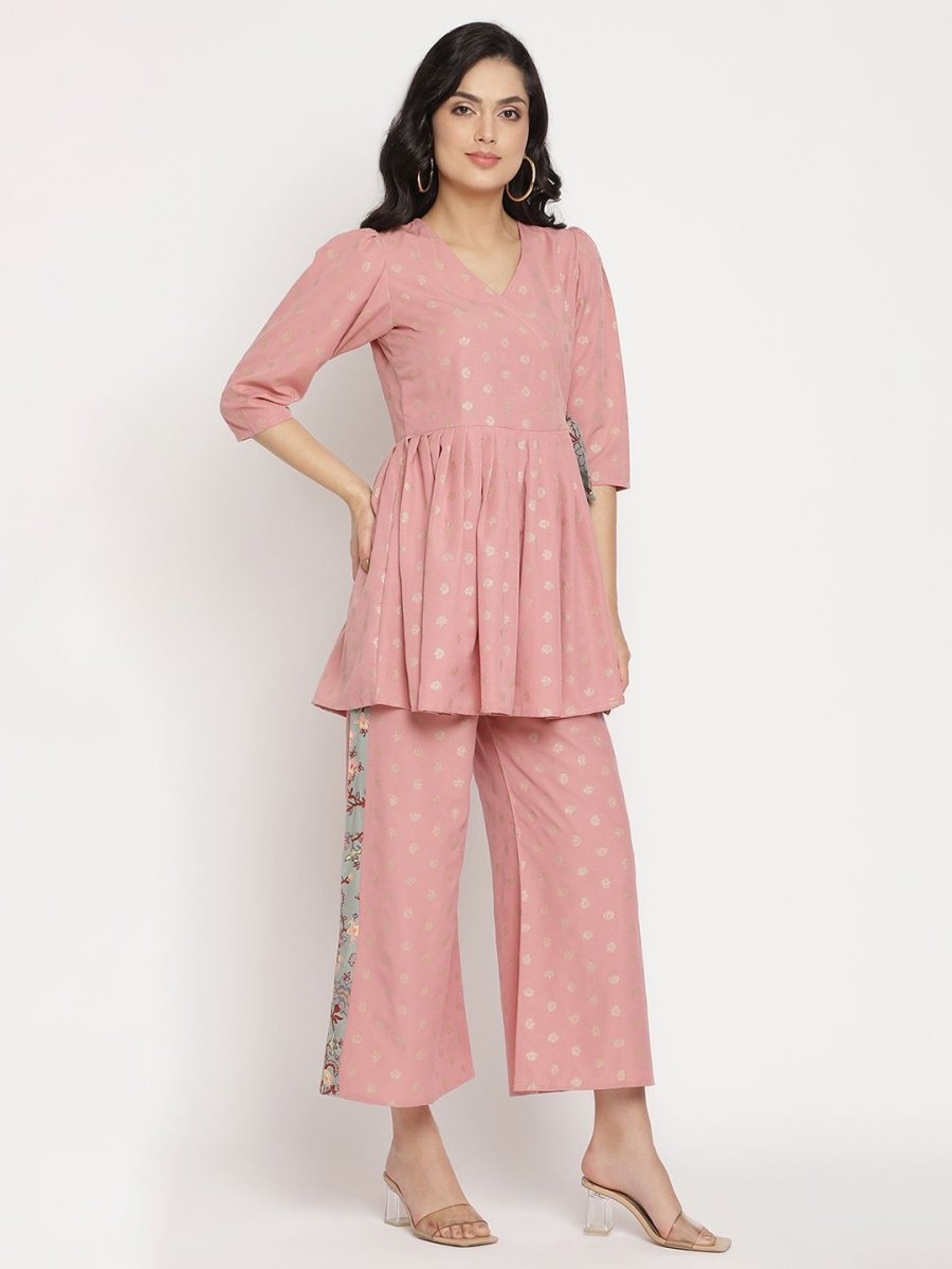 Ahalyaa Pink Ethnic Motifs Printed Angrakha Kurti With Palazzos For Women | Swadesiicart