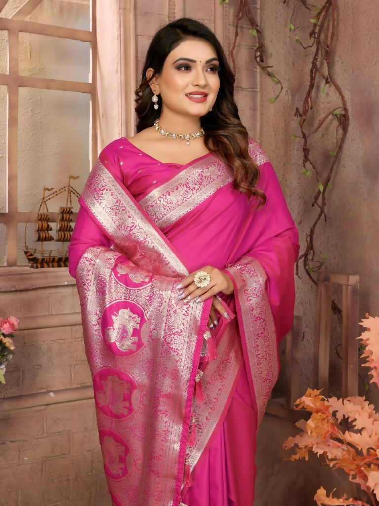 Anaita Dark Pink Banarasi Silk With Beautiful Gala Weaving Saree With Blouse | Swadesiicart