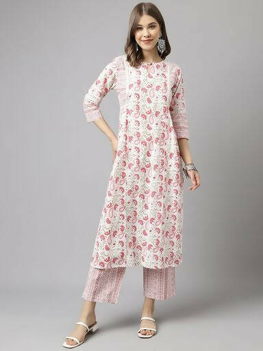 FIORRA Women's White Cotton A-line Kurta with Palazzo - Swadesiicart