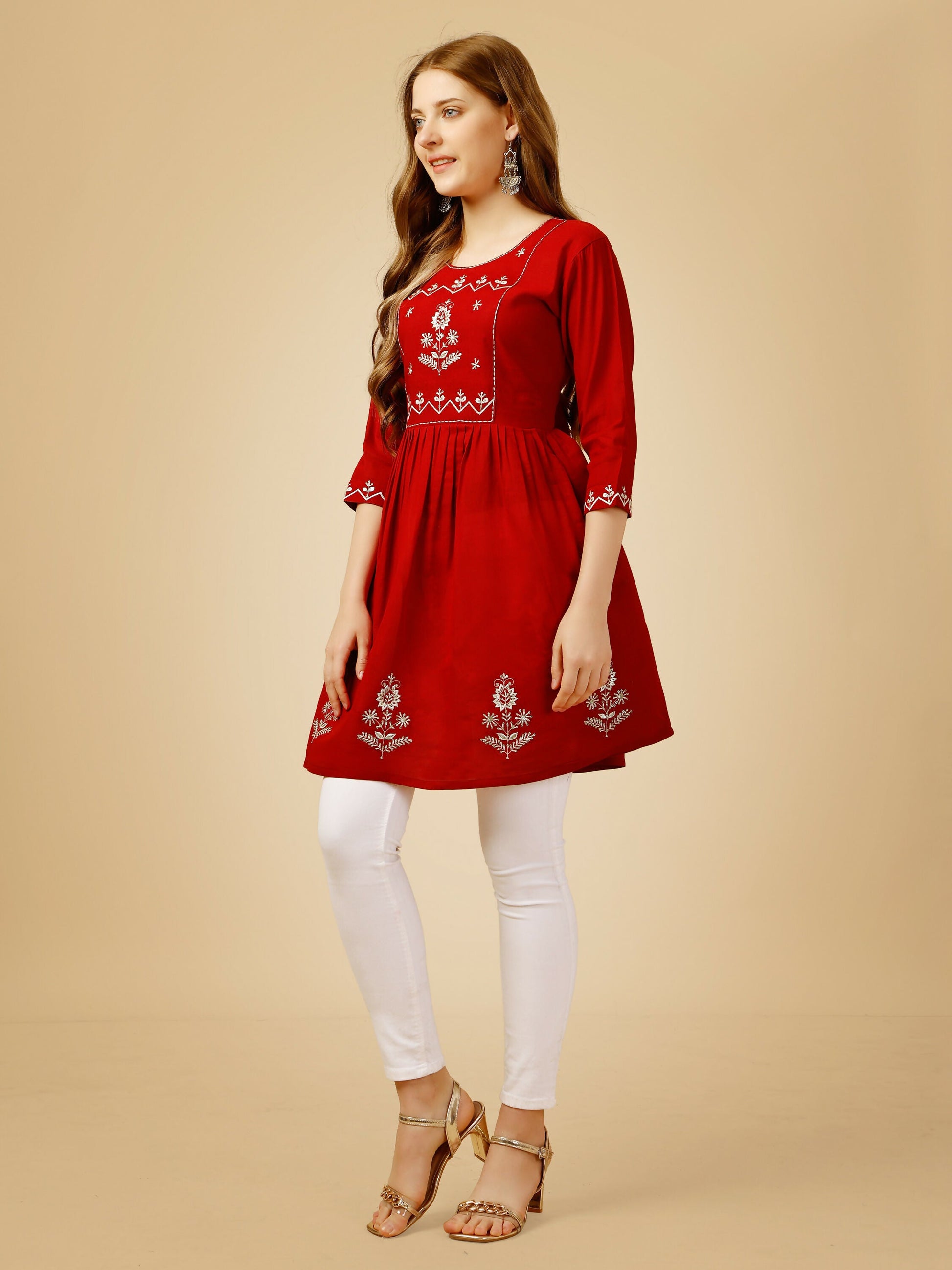 Jyoti Fashion Women's Red Viscose Rayon Embroidered Casual Top | Swadesiicart
