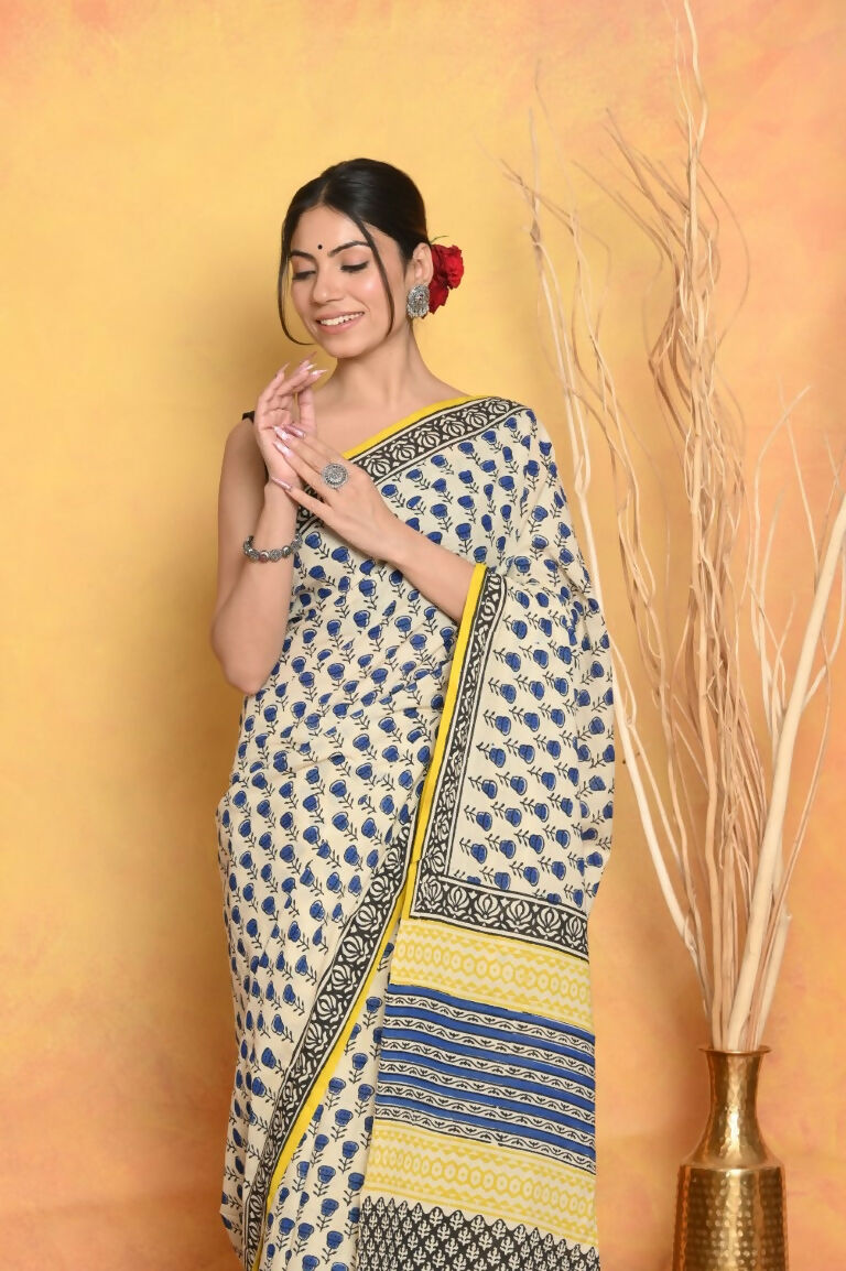 Very Much Indian Handblock Printed Cotton Saree With Natural Dyes - White | Swadesiicart