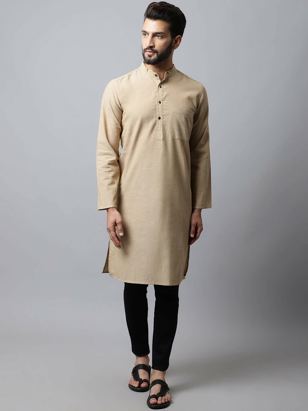 Even Apparels Beige Color Pure Cotton Men's Kurta With Band Collar (SLD1196) | Swadesiicart
