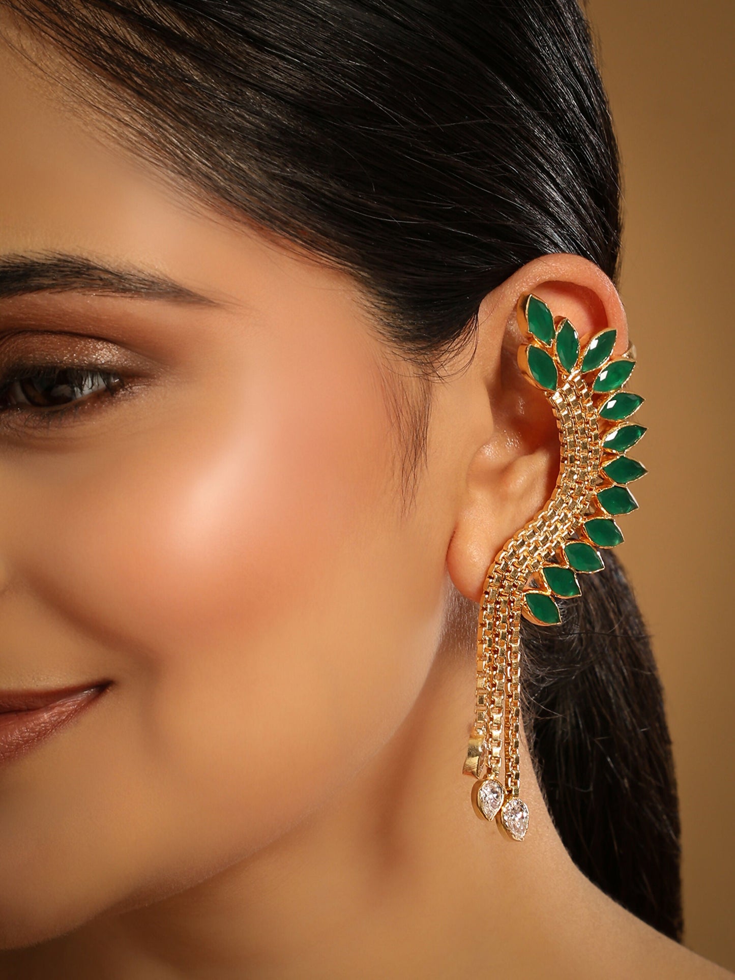 Nuyug 22K Gold Plated Faux Emerald Studded Contemporary Ear Cuff Earrings | Swadesiicart