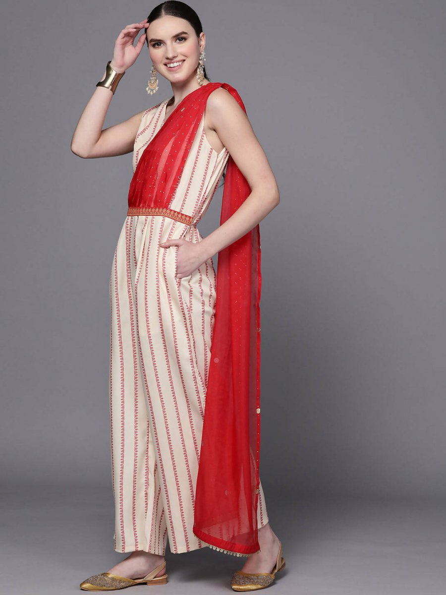 Ahalyaa Off White & Red Printed Basic Jumpsuit - Swadesiicart