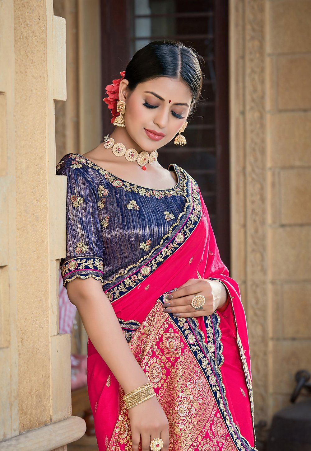 Pink Pure Viscose Weaved Silkresham , Zari And Cord Embroidery Saree - Norita Hit - Swadesiicart