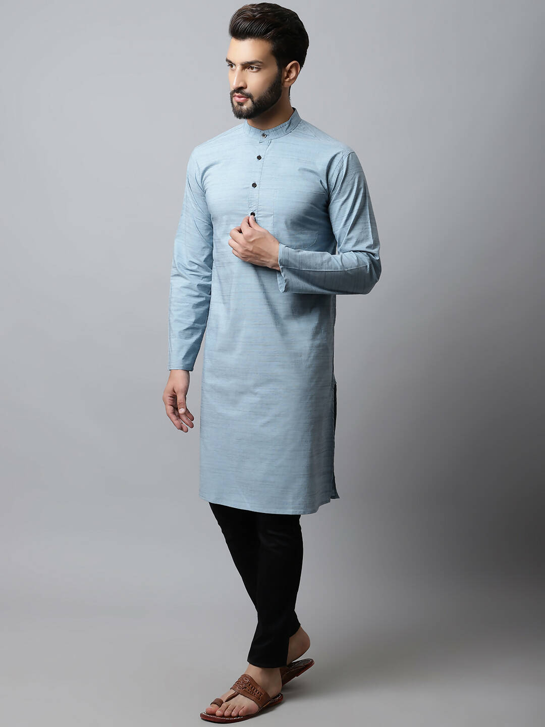 Even Apparels Blue Color Cotton Pure Cotton Men's Kurta With Side Placket (SLD1156) | Swadesiicart