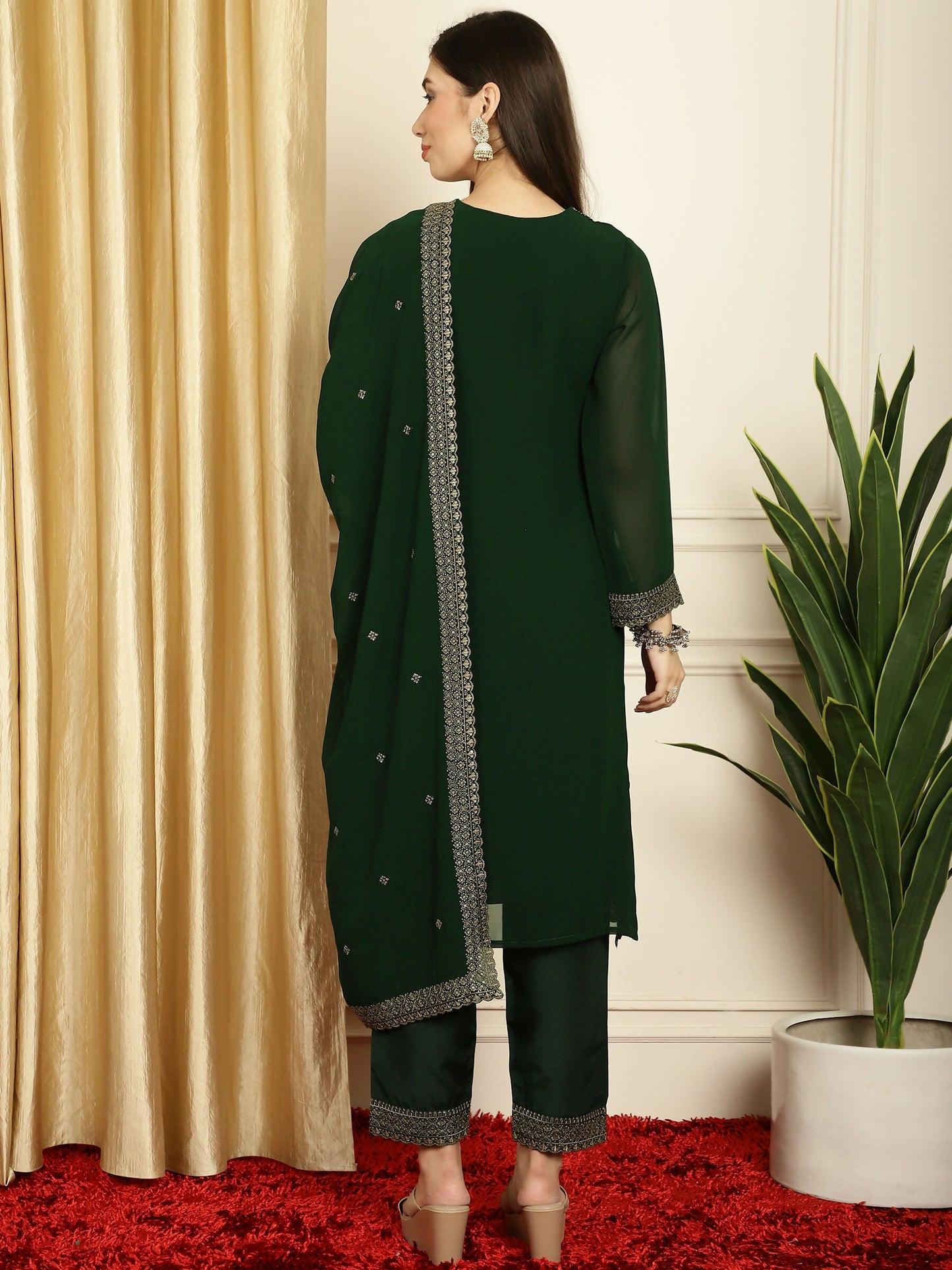 Jyoti Fashion Women's Green Georgette Resham Thread & Sequin Kurta with Trouser & Dupatta | Swadesiicart