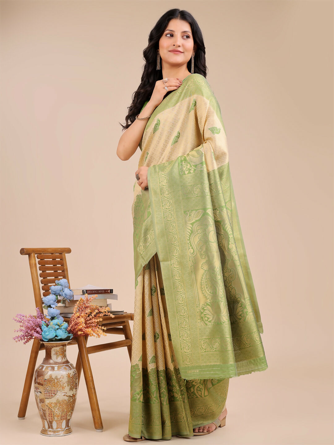 Astita Banarasi Silk Cream & Light Green Saree | Swadesiicart