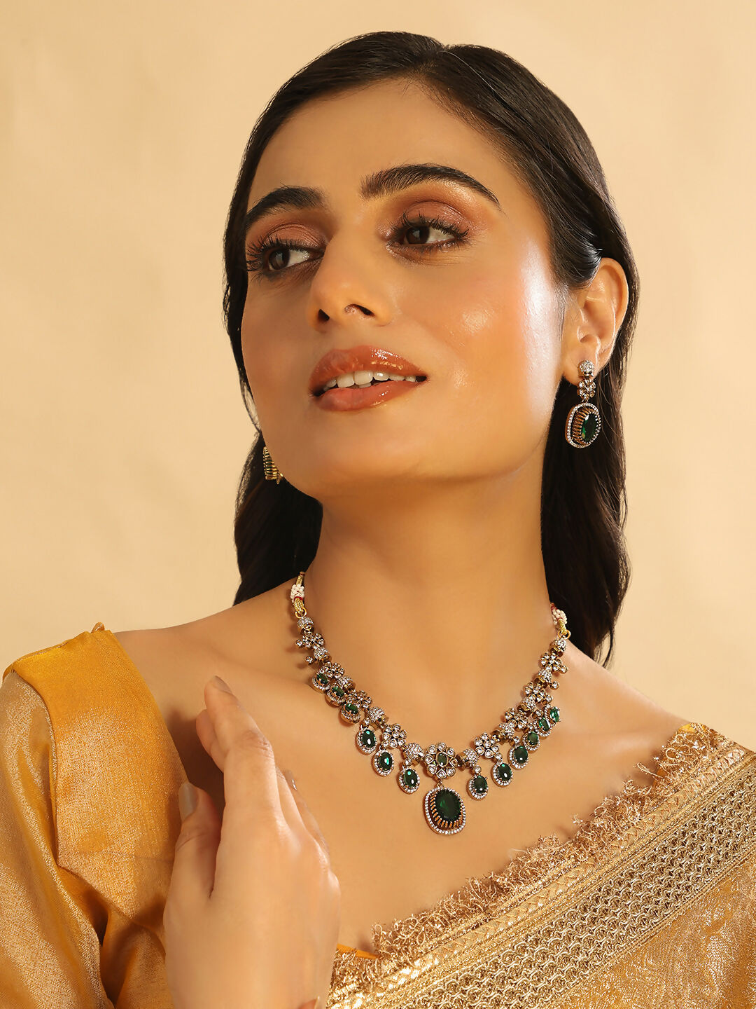 Nuyug 18K Gold Plated Emerald Blossom Necklace Set | Swadesiicart