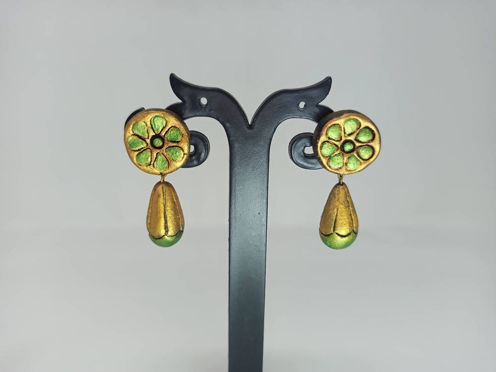 Terracotta Round Earstuds With Drops-Copper And Green | Swadesiicart