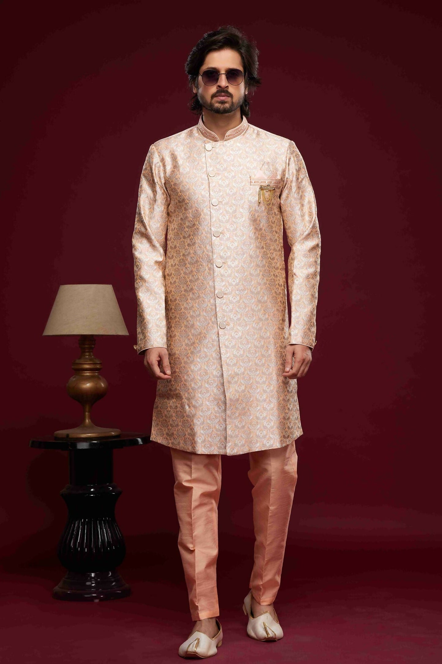 Raivat Ethnic Banarasi Jacquard Embroidery Semi Indo Western Sherwani In Peach Colour | Swadesiicart