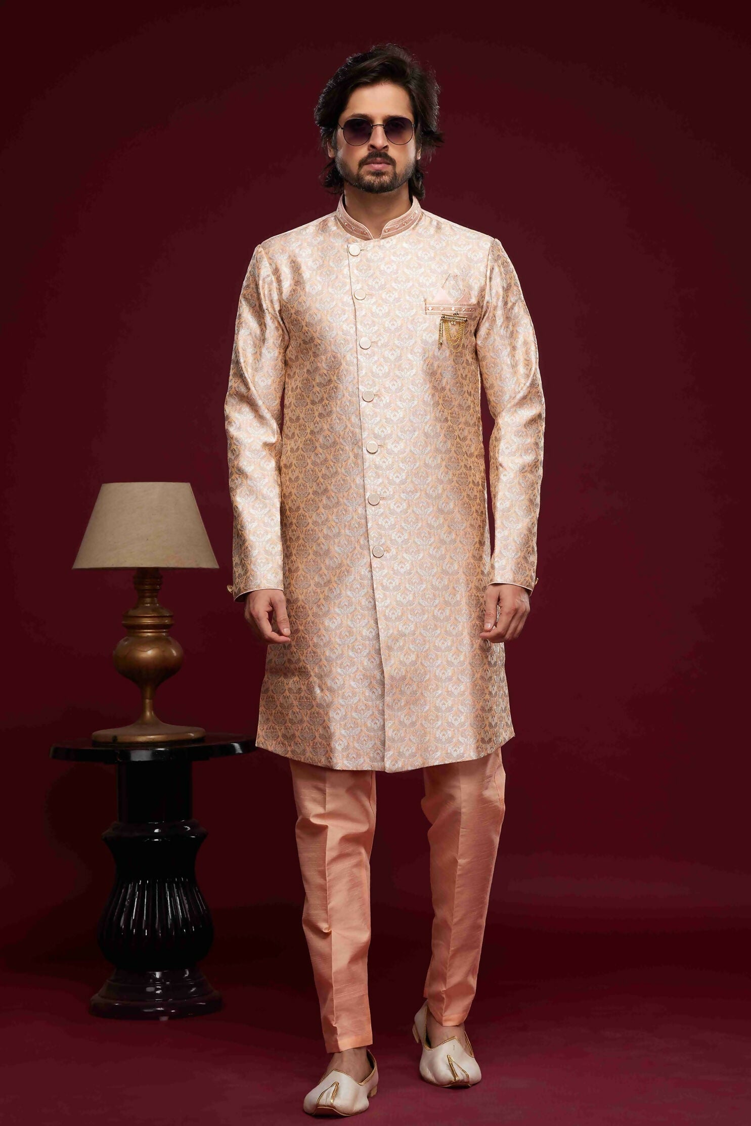 Raivat Ethnic Banarasi Jacquard Embroidery Semi Indo Western Sherwani In Peach Colour | Swadesiicart
