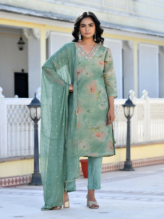 Vaasva Women's Green Viscose Tissue Digital Printed Suit Set | Swadesiicart