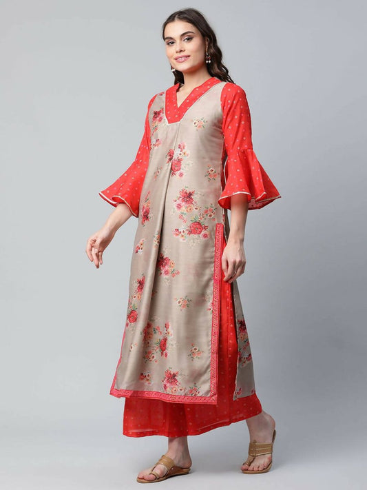 Ahalyaa Womens Chiku Chanderi Printed Kurta Palazzo Set | Swadesiicart