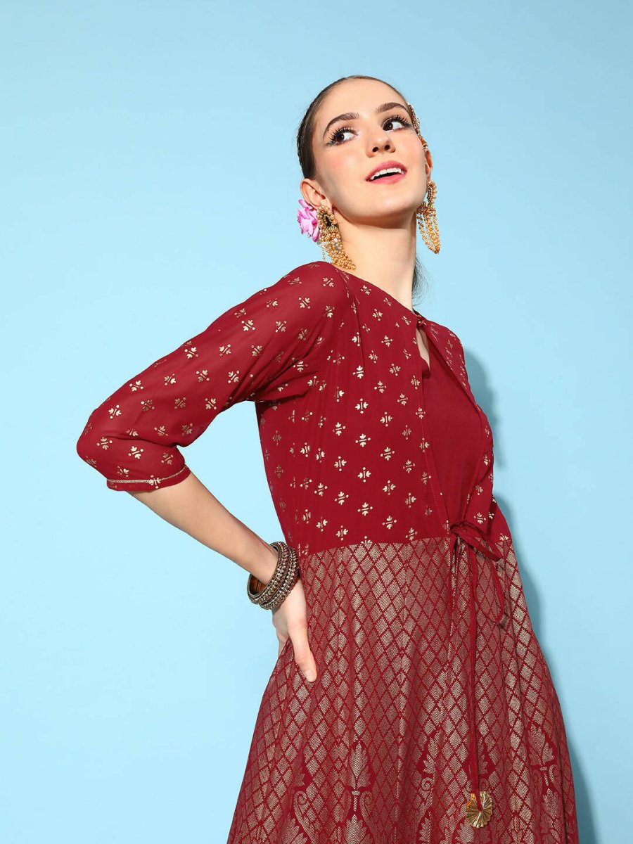 Ahalyaa Women Beautiful Maroon Crepe Brocade Ethnic Dress | Swadesiicart