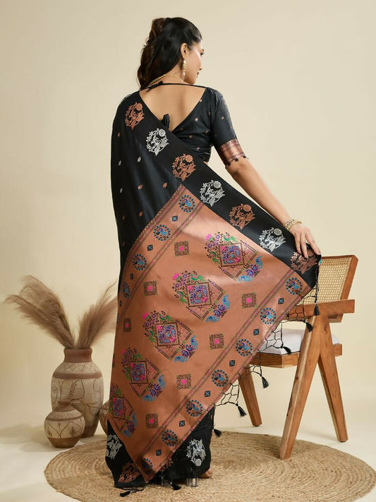 Vishnu Weaves Women's Black Banarasi Silk Zari Woven Saree with Blouse - Swadesiicart