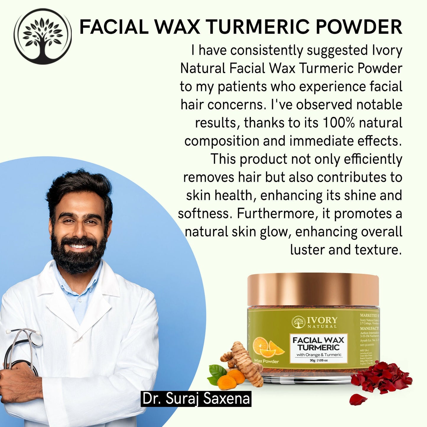 Ivory Natural Facial Wax Powder With Turmeric - Natural Facial Hair Removal Wax For Instant Skin Brightening | Swadesiicart