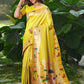 Vishnu Weaves Women's Yellow Paithani Silk Minakari Zari Woven Saree with Unstitched Blouse - Swadesiicart