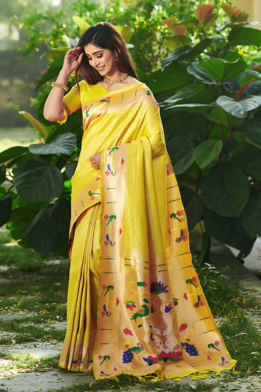 Vishnu Weaves Women's Yellow Paithani Silk Minakari Zari Woven Saree with Unstitched Blouse - Swadesiicart