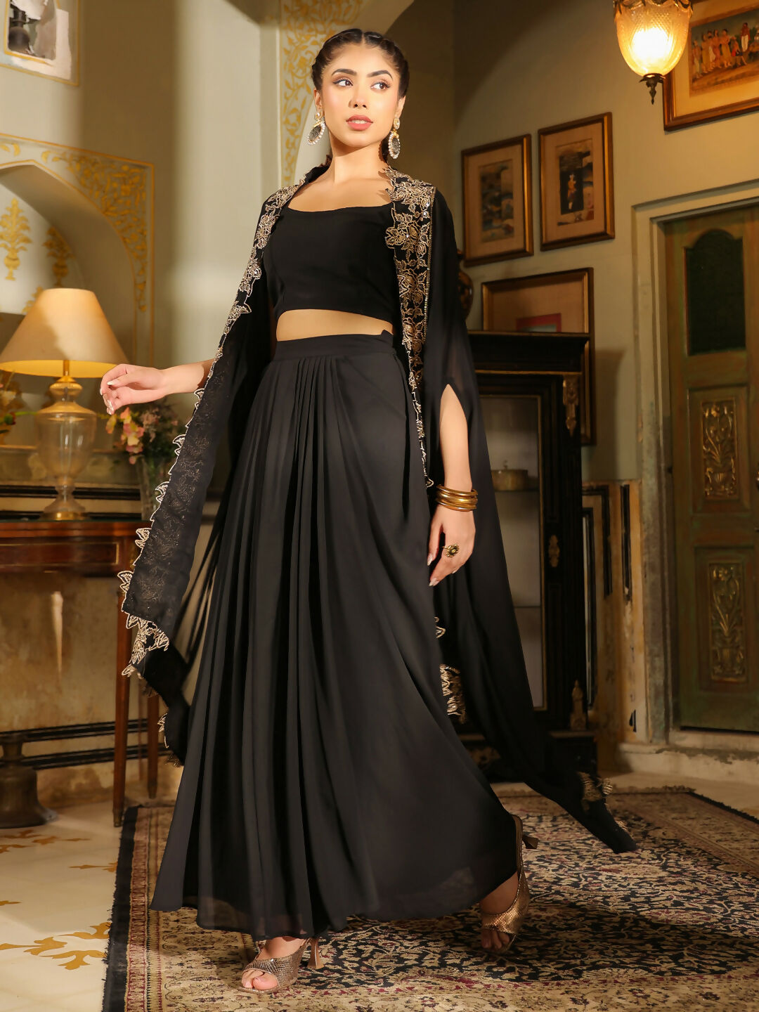 Janasya Black Georgette Solid Top Bottom Cape | Swadesiicart