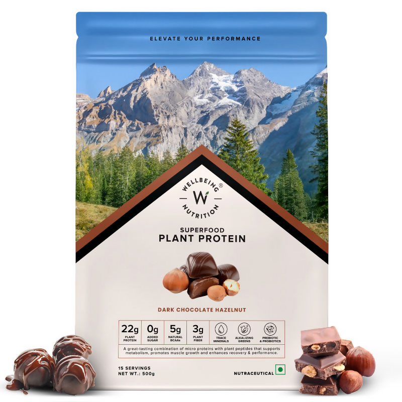 Wellbeing Nutrition Organic Plant Protein Isolate Dark Chocolate Hazelnut, 3B CFU Probiotics | Swadesiicart