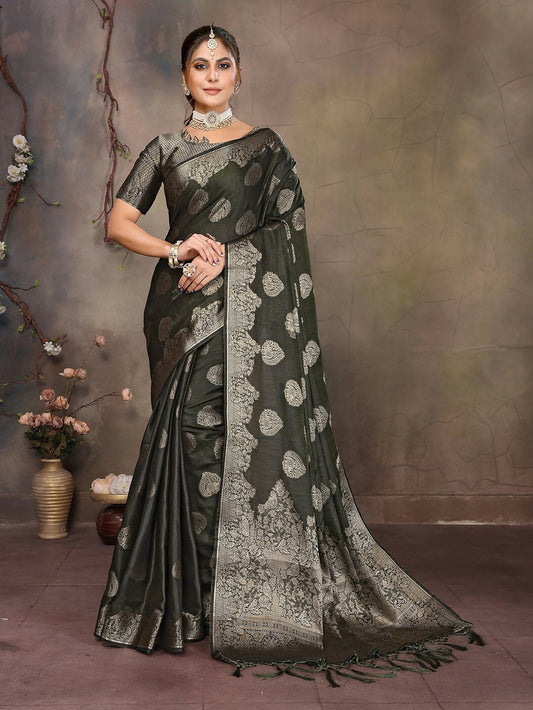 Joban Fashion Dark Green Woven Jacquard Banarasi Silk Sarees | Swadesiicart