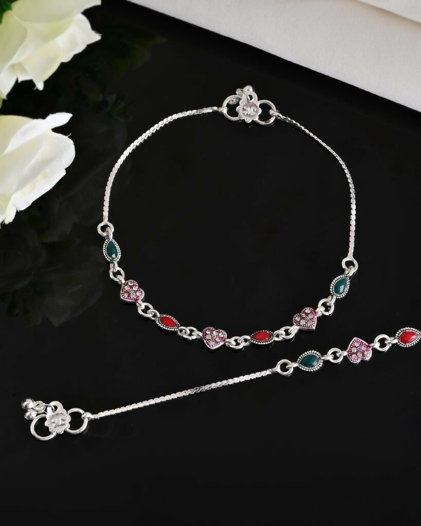 VOJ Set of 2 Silver Plated Heart Shaped Multi Color Anklet - Swadesiicart