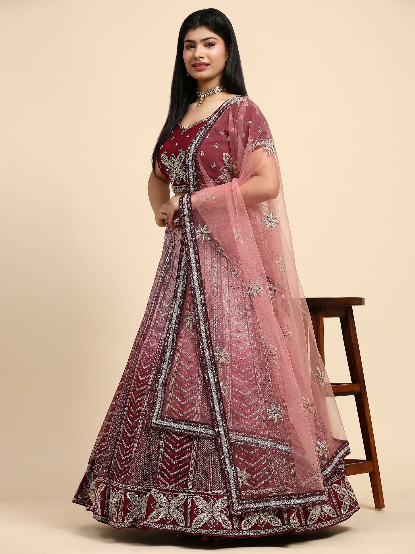 Maroon Fancy Net Sequence Embroidered Lehenga Choli with Dupatta - Dhara | Swadesiicart