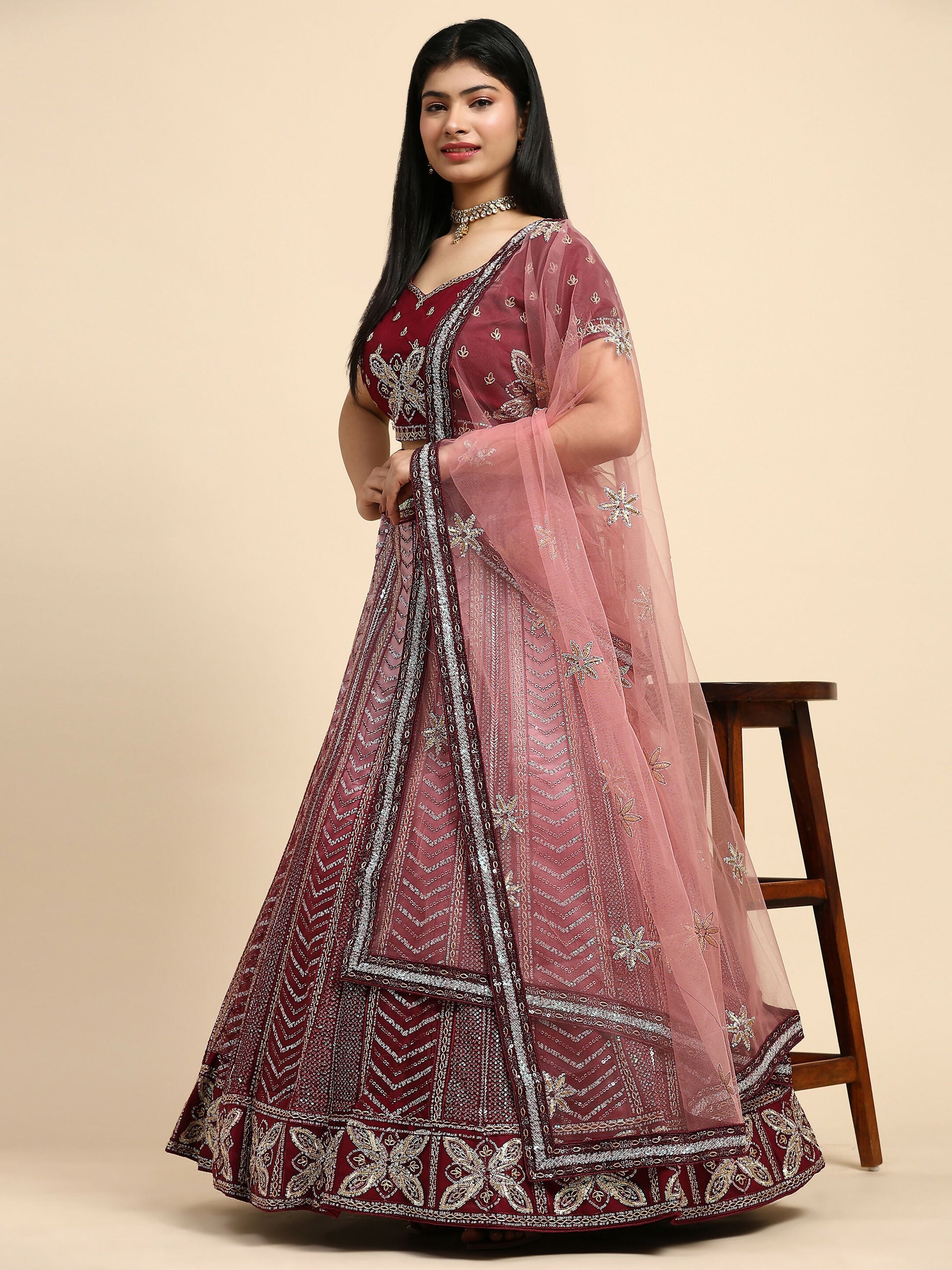 Maroon Fancy Net Sequence Embroidered Lehenga Choli with Dupatta - Dhara | Swadesiicart