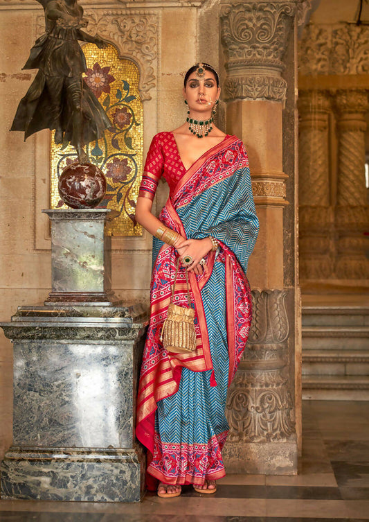 Midnight Blue Banarasi Weaving, Ultra Aqua Finish, Zari Work Banarasi Silk Saree - Rath Kunti - Swadesiicart
