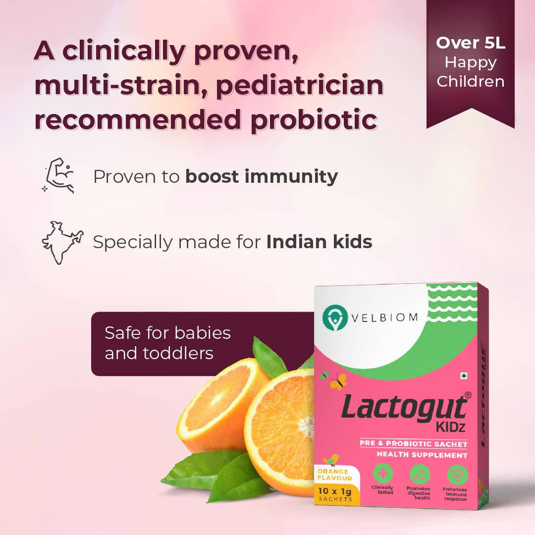 Velbiom Lactogut Kidz Probiotics Powder Sachets - Orange Flavor - Swadesiicart