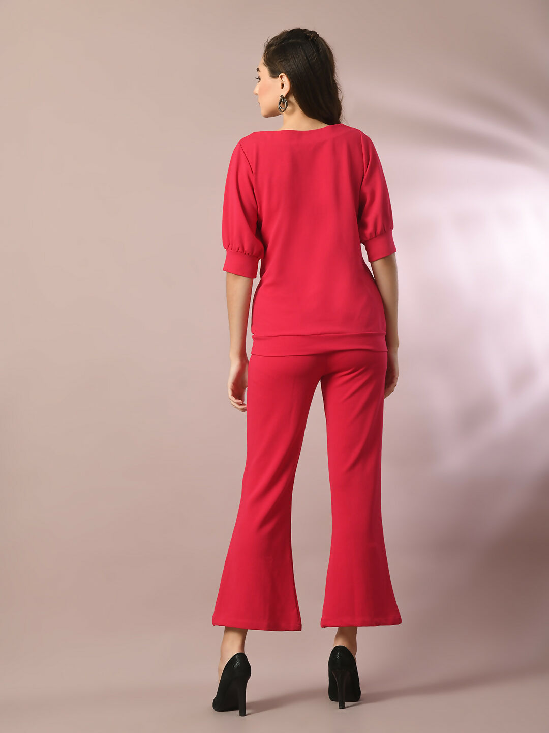 Myshka Women's Pink Solid Boat Neck Party Top With Trousers Co-ord set - Swadesiicart