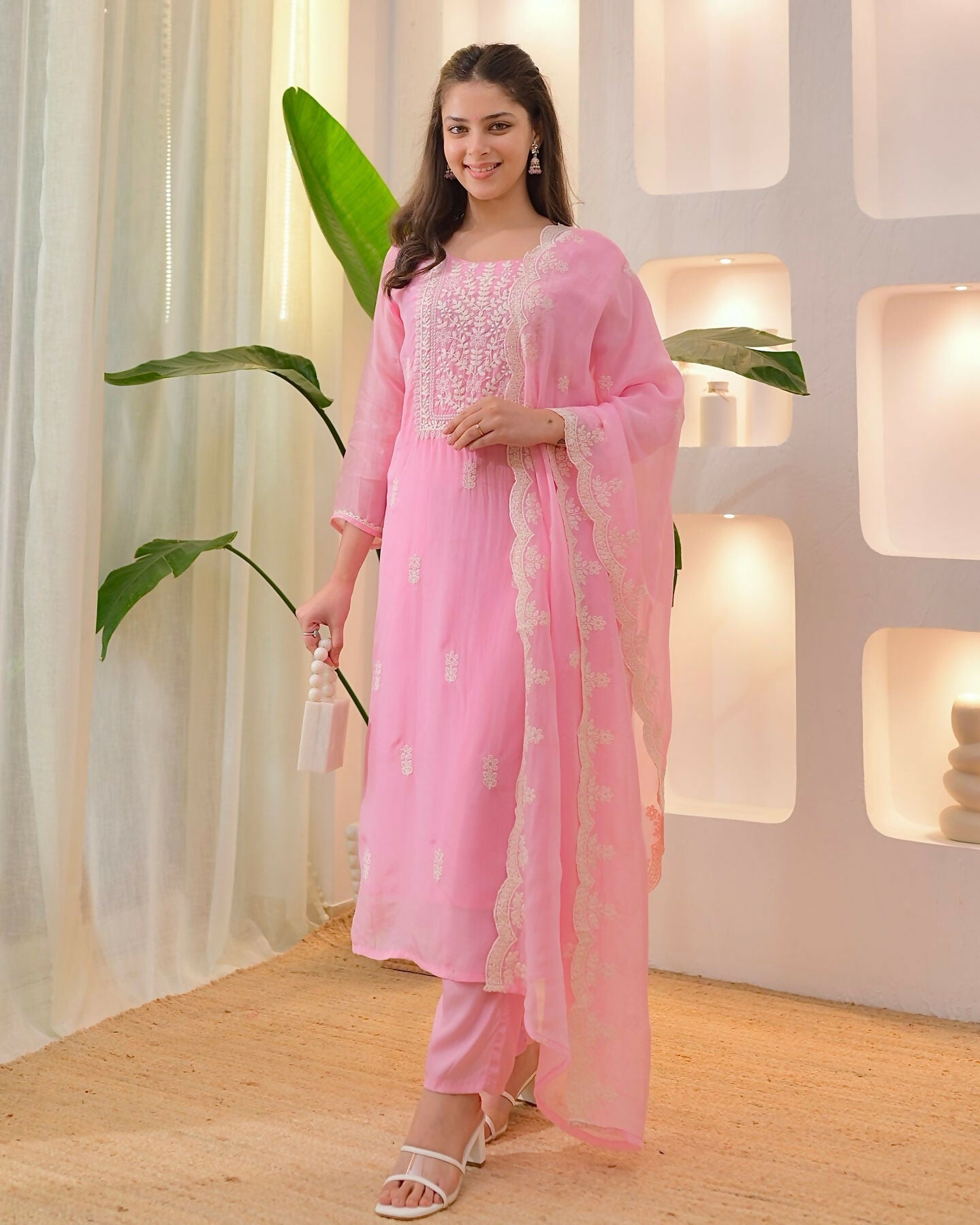 The52 Pink Women's Beautiful Chikankari Work Chanderi Fabric Straight Kurta Pant and Dupatta Set - Swadesiicart