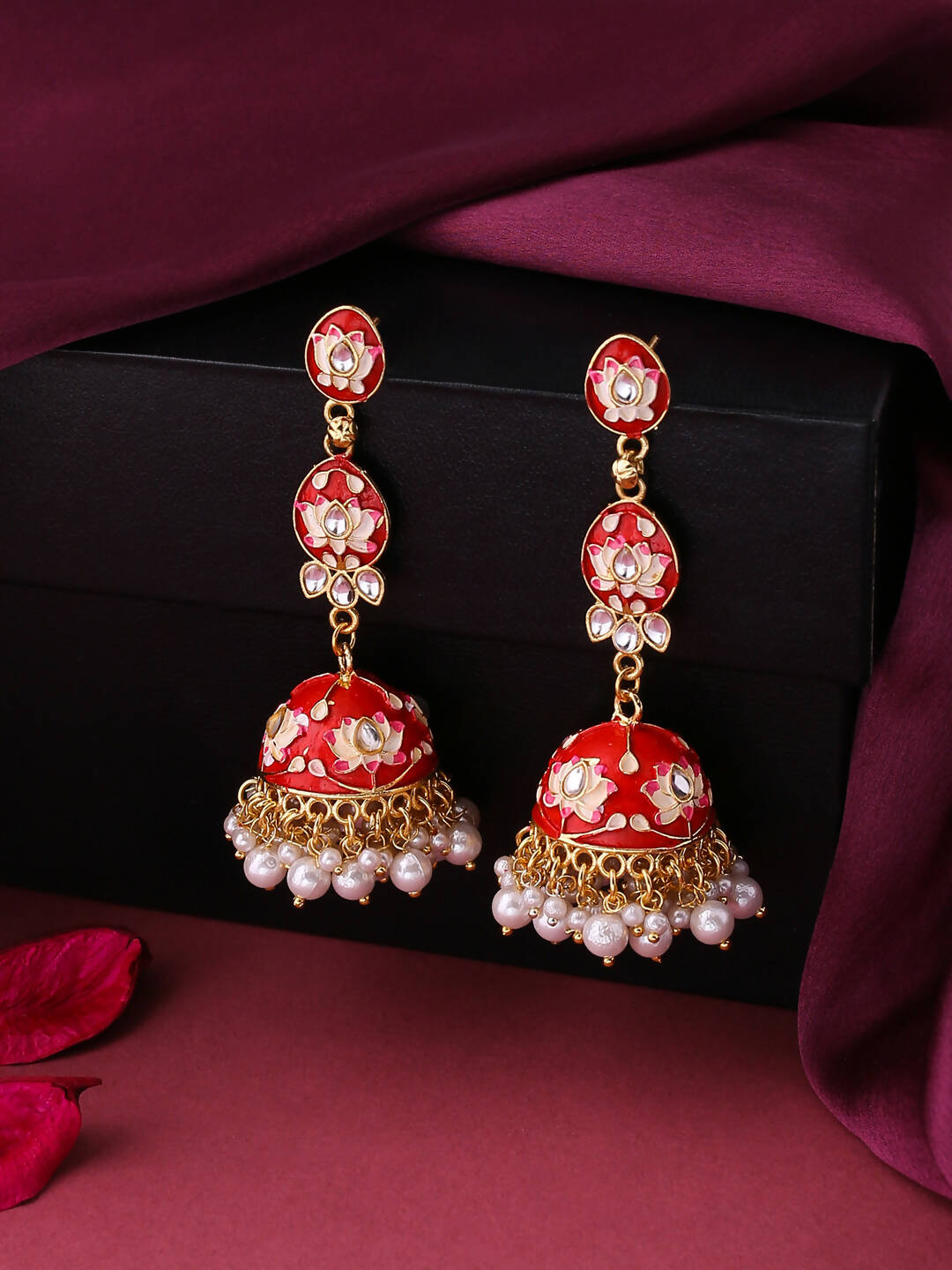 NVR Women Gold-Polished Red Kundan Jhumkas Earrings | Swadesiicart