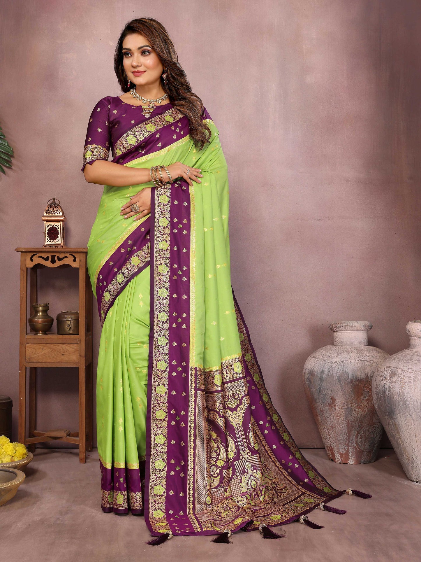 Aastha Fashion Parrot Green Kalamkari Silk Zari Woven Saree