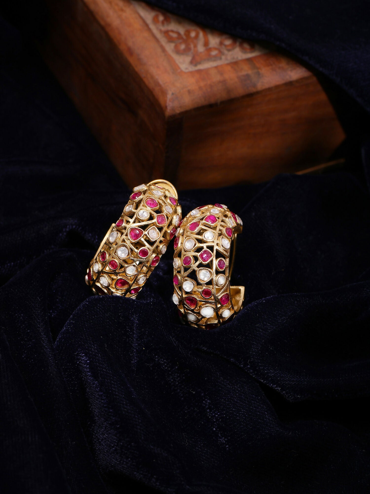 Ruby Raang Gold Polished Maroon Round Kundan Loops | Swadesiicart
