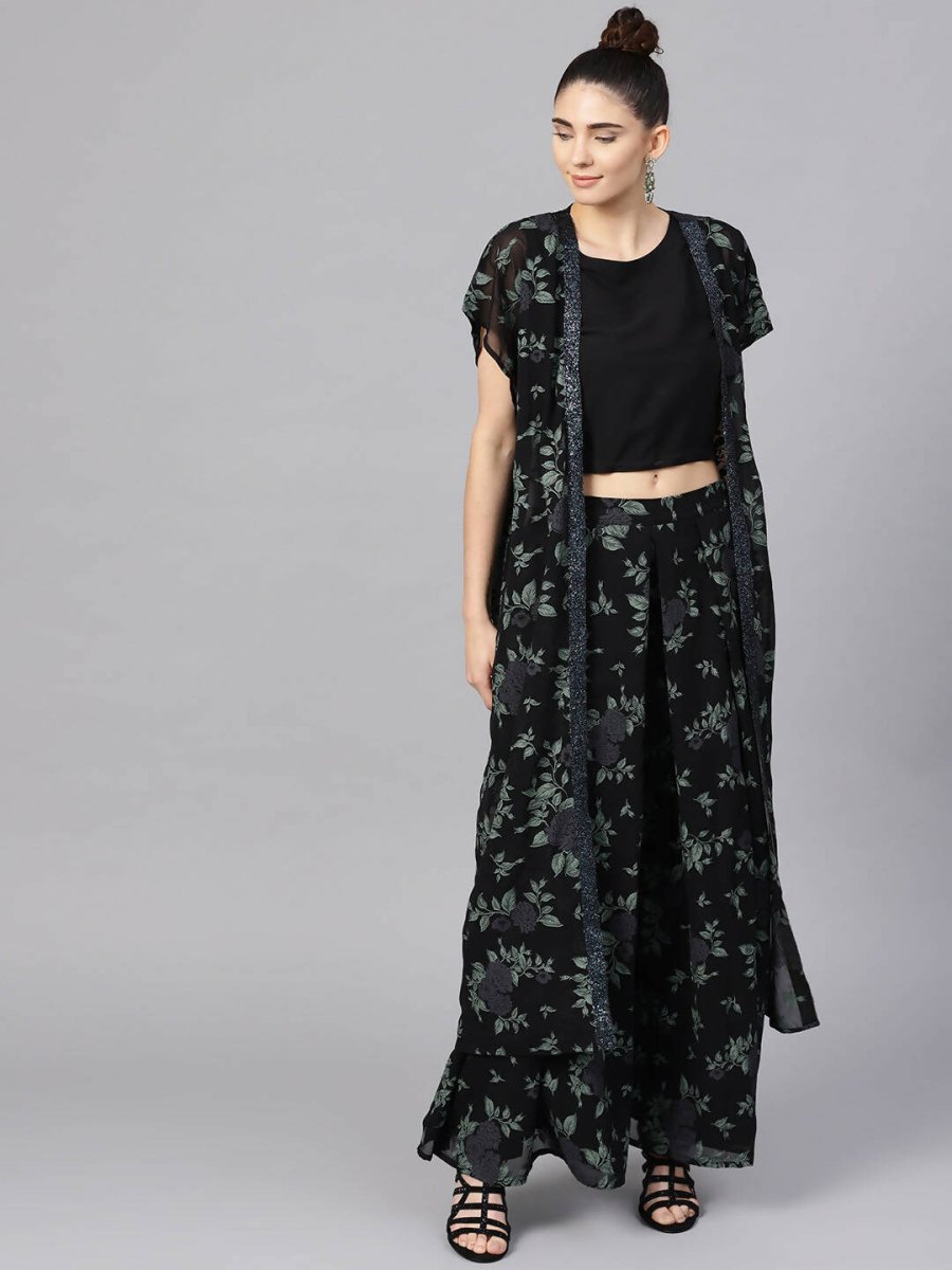 Ahalyaa Black Georgette Crepe Printed Top Palazzo Set With Jacket | Swadesiicart