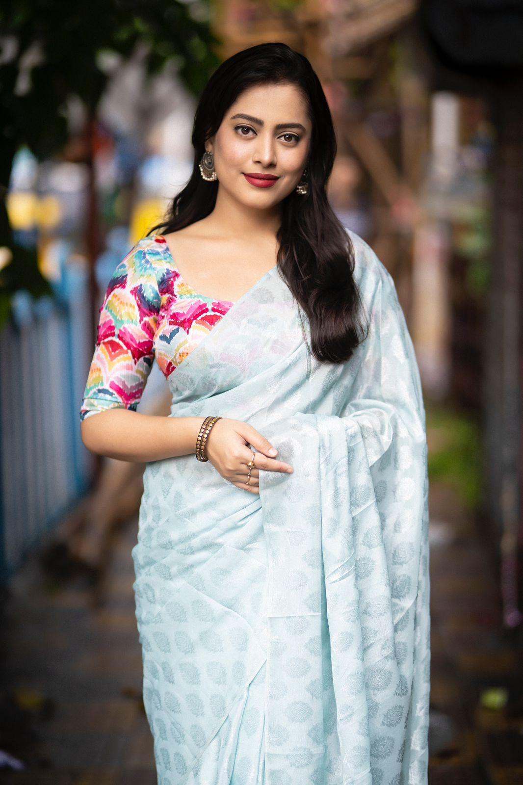 Blue Poly Crepe Ethnic Motifs Saree with Unstitched Blouse - Hiral Fashion | Swadesiicart