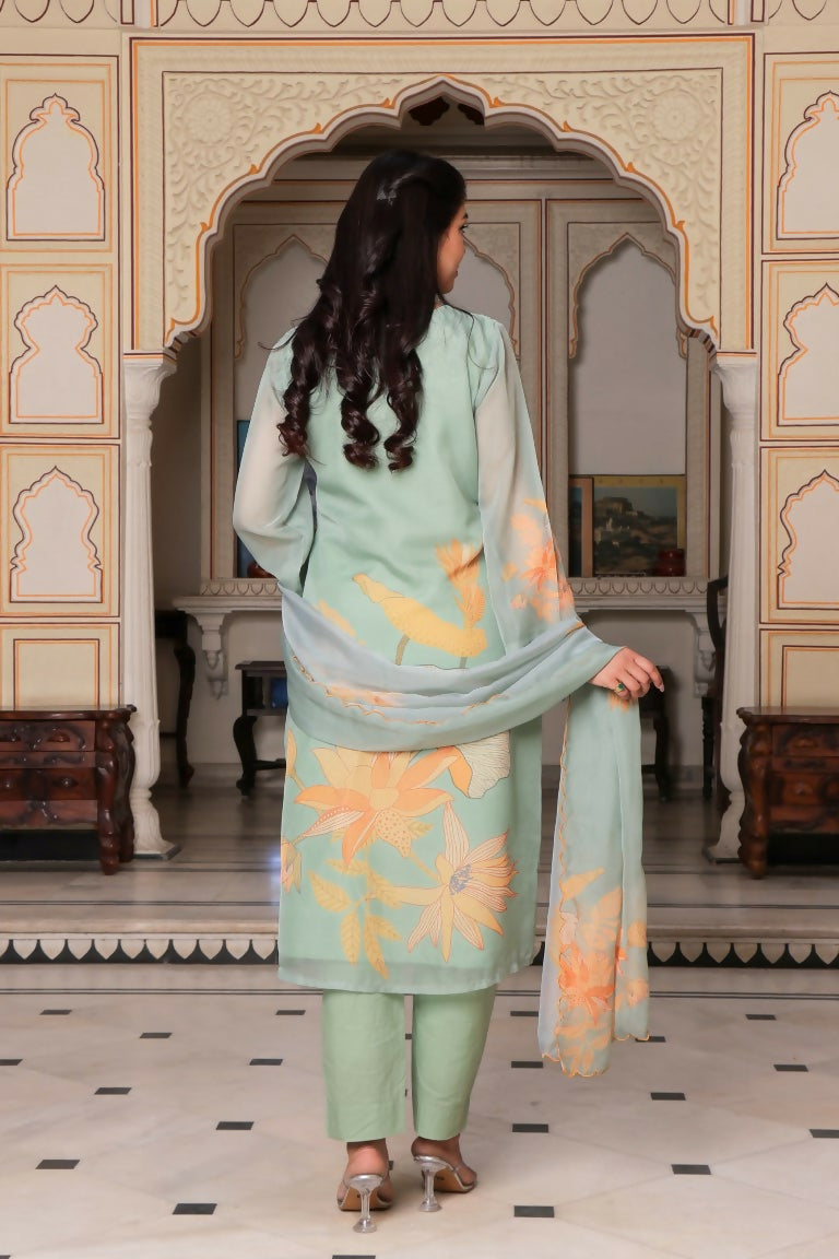 Vaasva Women Teal Green Tabby Slik Print & Embroidered Kurta, Pant & Dupatta set | Swadesiicart