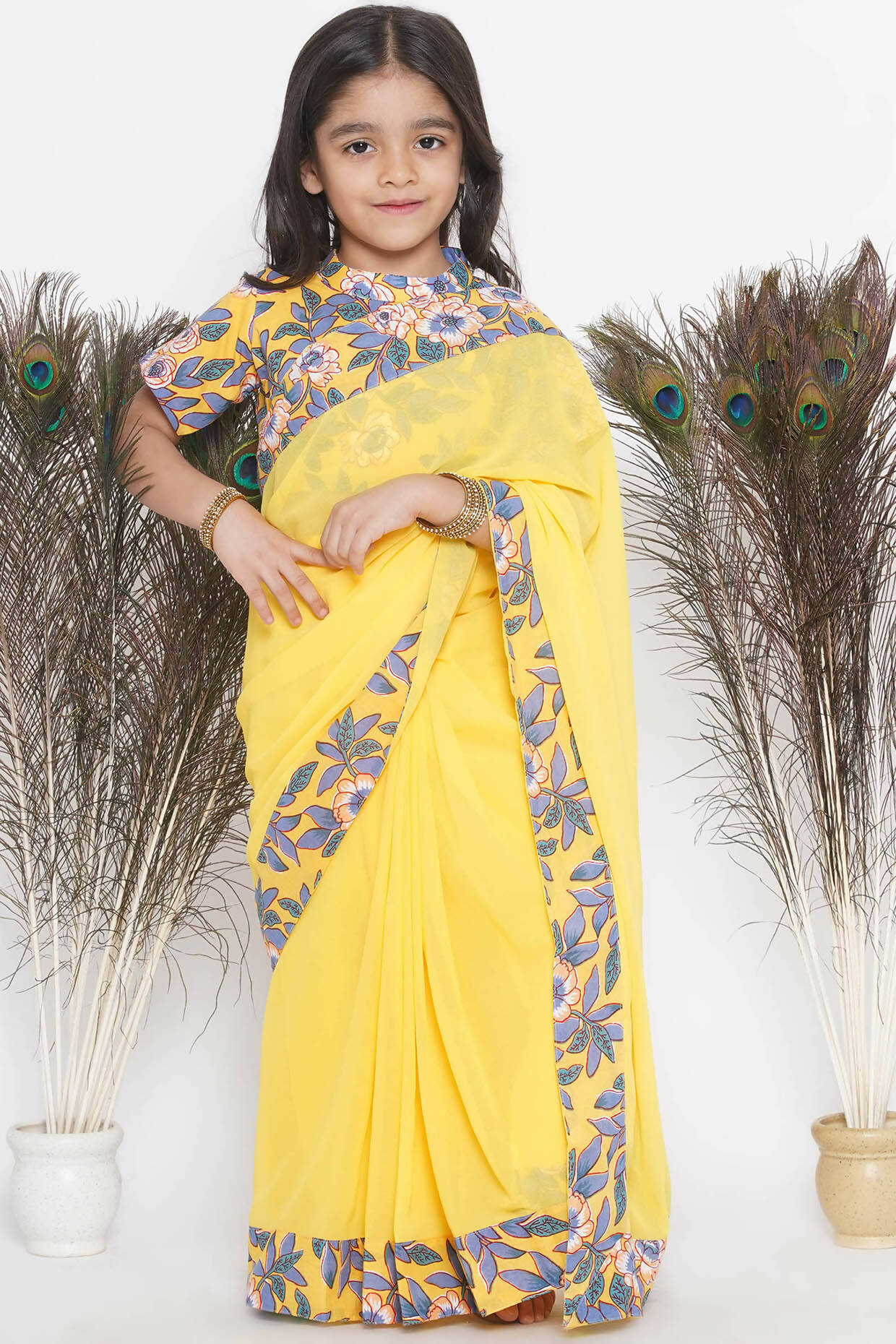 Little Bansi Floral Print Ready To Wear Saree And Floral Blouse - Yellow | Swadesiicart